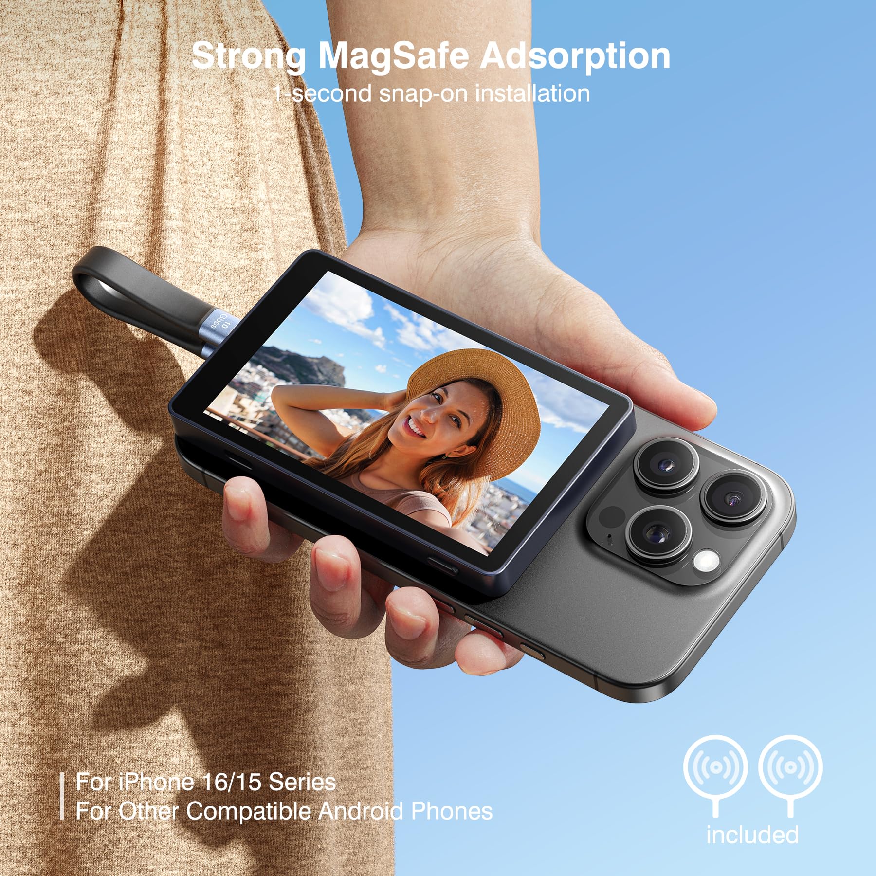 Vlog Selfie Monitor Screen, Magnetic Phone Vlog Selfie Monitor Screen 4K 30fps Bluetooth Remote, Back Camera Monitor for Vlog Live Stream TikTok, Compatible with iPhone & Android - Image 8