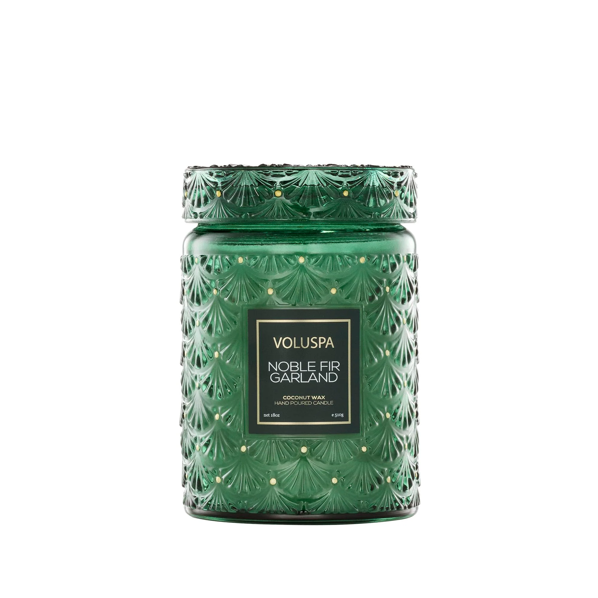 Voluspa Noble Fir Garland, Large Candle Jar, 18oz, Coconut Wax Blend, Christmas Scented Candles for Home, 100 Hour Burn Time, Poured in the USA