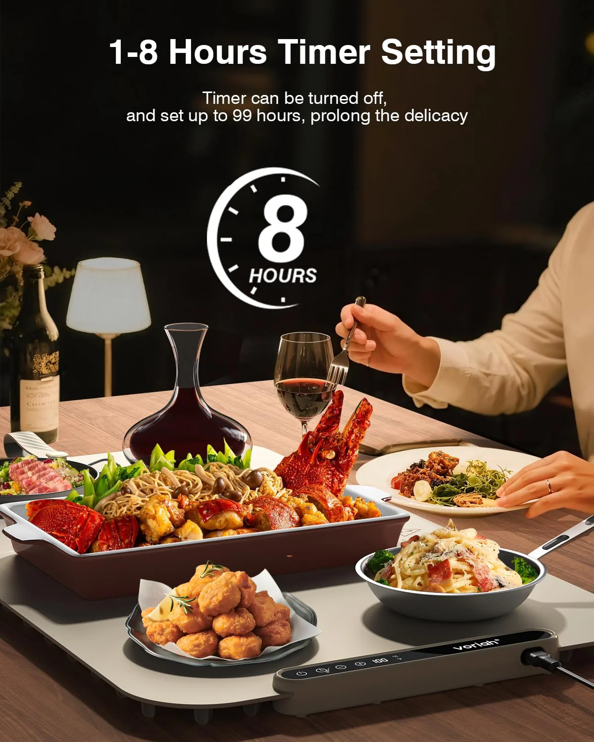 Voriah Warming Mat for Food,27.5x15.7" Large Electric Buffet Warming Tray, 7 Temp Levels, 99H Continuous Heat, ℉/℃ Switch, Patented Fast-Heat Design for Parties, Family Meals, Daily Use Apricot - Image 6