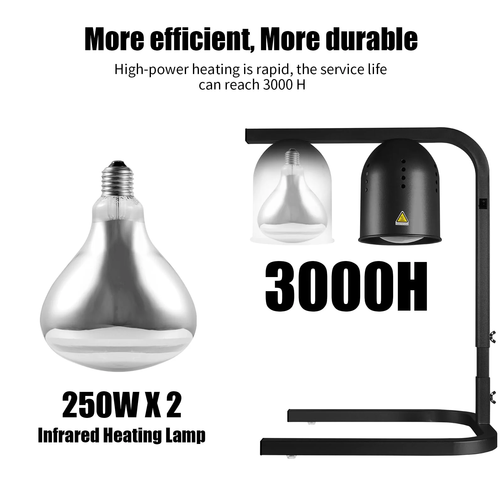 VORIGY Heat Lamp for Food, with Two 250W Bulbs for Fast and Even Heating, Food Heat Lamp with Adjustable Height Stand, Commercial Food Warmer Lamp for Home, Fast Food Restaurant, Buffet, Bakery Black - Image 7