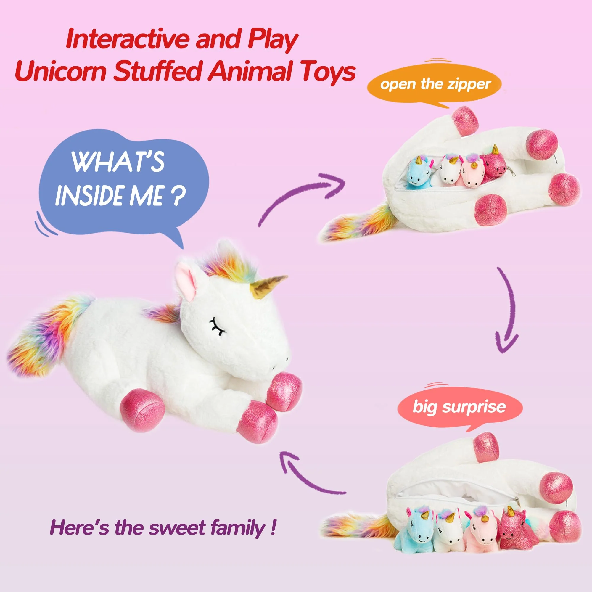Vposyako 5 Pieces Unicorn Toys Stuffed Animals for Girls, 1 Mommy Unicorn with 4 Babies, Soft Plush Toys Gifts for Girls 3 4 5 6 7 8 9 Years, Kids, Children, Christmas, Birthday, Valentine's - Image 3