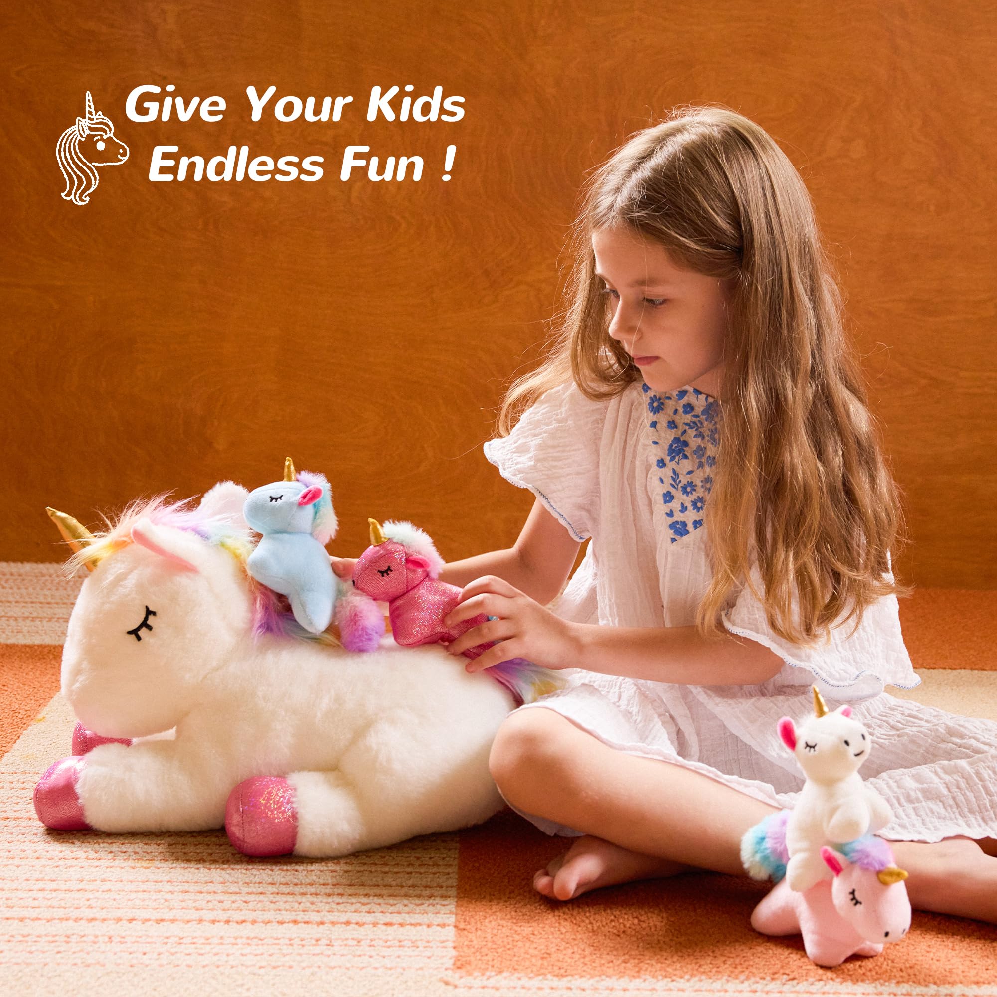 Vposyako 5 Pieces Unicorn Toys Stuffed Animals for Girls, 1 Mommy Unicorn with 4 Babies, Soft Plush Toys Gifts for Girls 3 4 5 6 7 8 9 Years, Kids, Children, Christmas, Birthday, Valentine's - Image 6