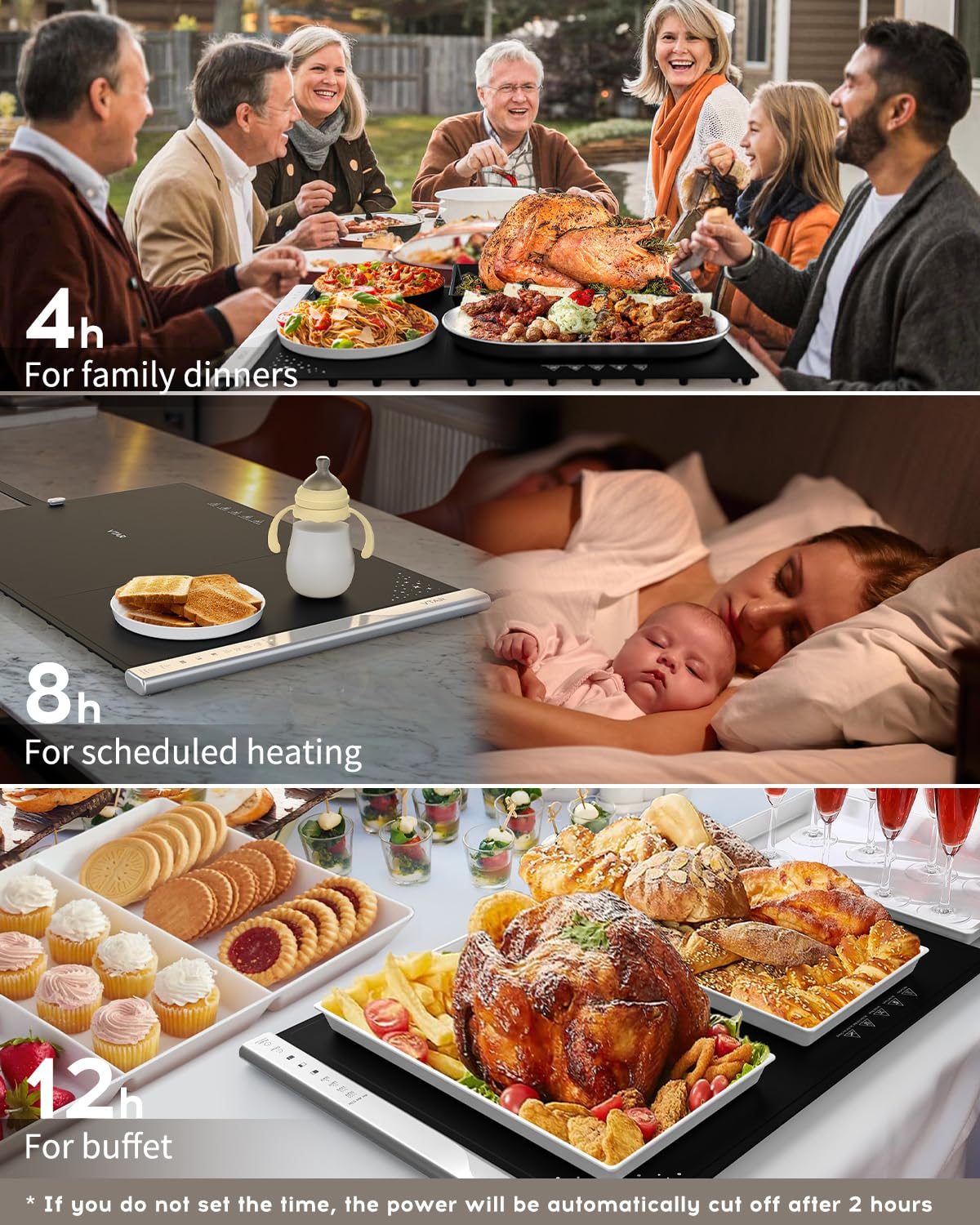 VTAR Electric Food Warming Mat Tray Warmer for Party Buffet Servers, Dual-Zone Heating with Independent Temperature Control, Hot Logic Heating Heater, Full Surface Keep Warm - Black - Image 4