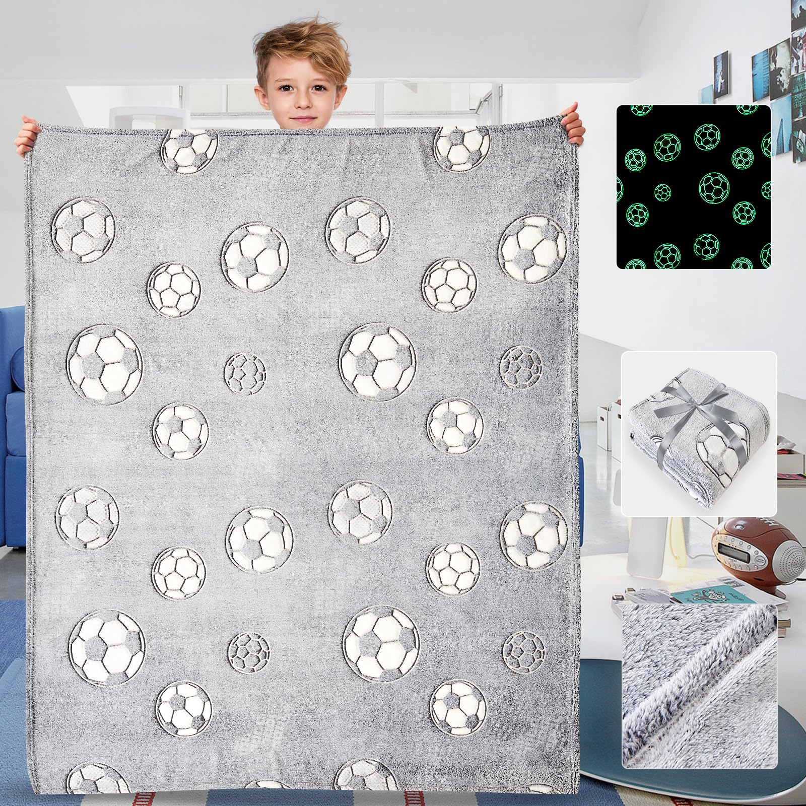 Wajade Soccer Gifts Toys for Boys Girls - Glow in The Dark Soccer Blanket Birthday Christmas Decor for Kids Age 3 4 5 6 7 8 9 10 11 12 Years Old Teens Child Toddler Throw Light Grey 60"x80" - Image 2