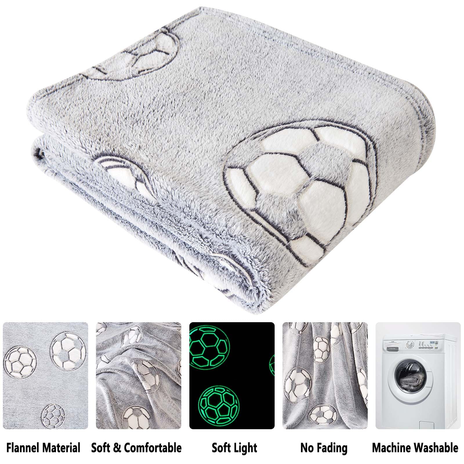 Wajade Soccer Gifts Toys for Boys Girls - Glow in The Dark Soccer Blanket Birthday Christmas Decor for Kids Age 3 4 5 6 7 8 9 10 11 12 Years Old Teens Child Toddler Throw Light Grey 60"x80" - Image 3