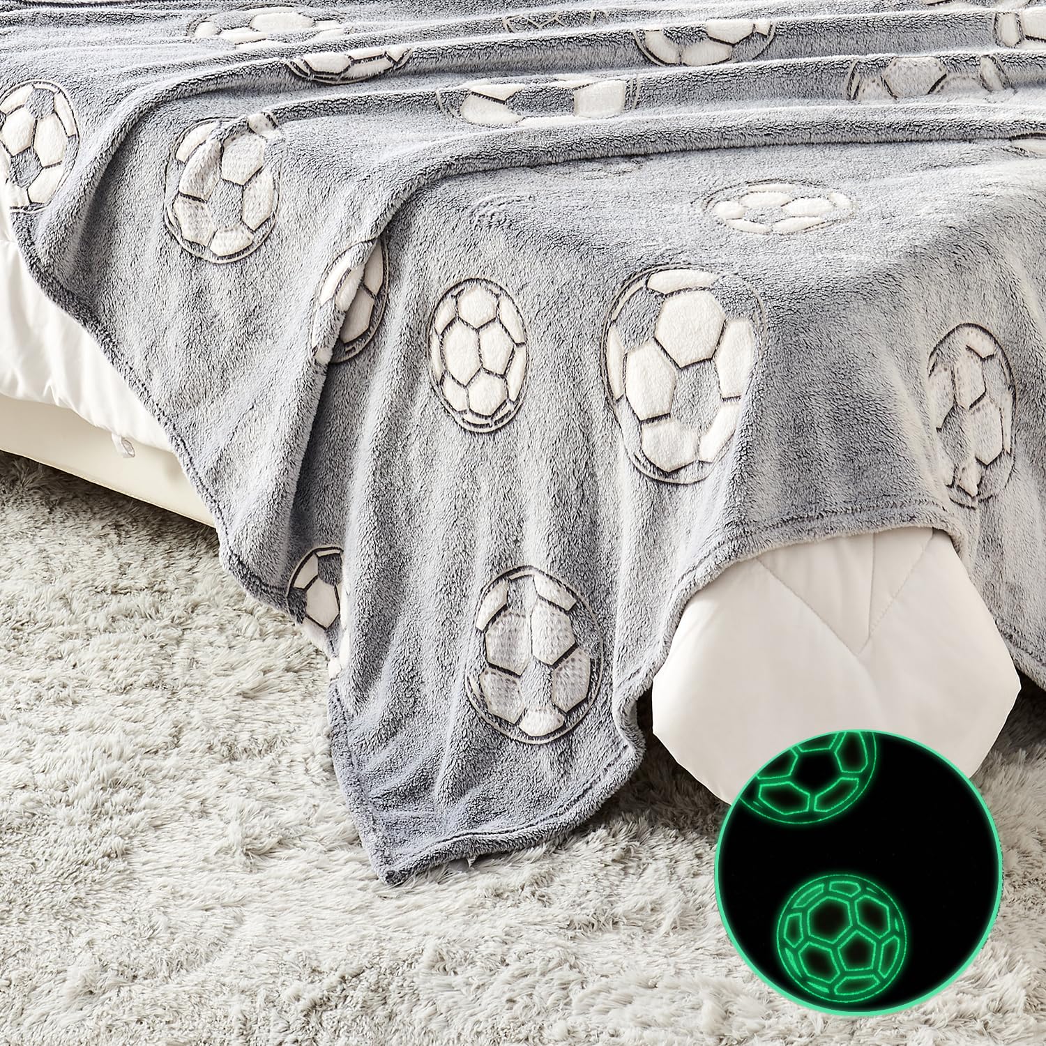 Wajade Soccer Gifts Toys for Boys Girls - Glow in The Dark Soccer Blanket Birthday Christmas Decor for Kids Age 3 4 5 6 7 8 9 10 11 12 Years Old Teens Child Toddler Throw Light Grey 60"x80" - Image 5
