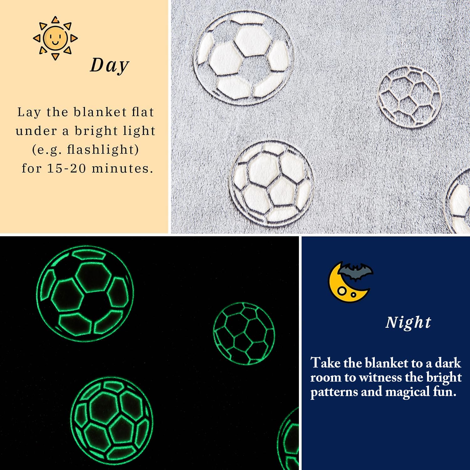 Wajade Soccer Gifts Toys for Boys Girls - Glow in The Dark Soccer Blanket Birthday Christmas Decor for Kids Age 3 4 5 6 7 8 9 10 11 12 Years Old Teens Child Toddler Throw Light Grey 60"x80" - Image 6