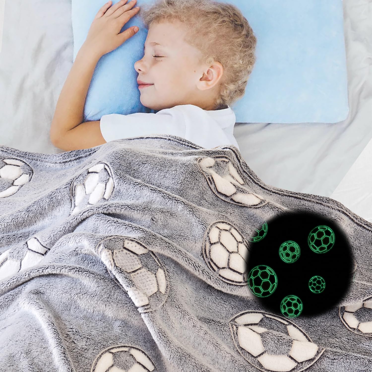 Wajade Soccer Gifts Toys for Boys Girls - Glow in The Dark Soccer Blanket Birthday Christmas Decor for Kids Age 3 4 5 6 7 8 9 10 11 12 Years Old Teens Child Toddler Throw Light Grey 60"x80" - Image 7