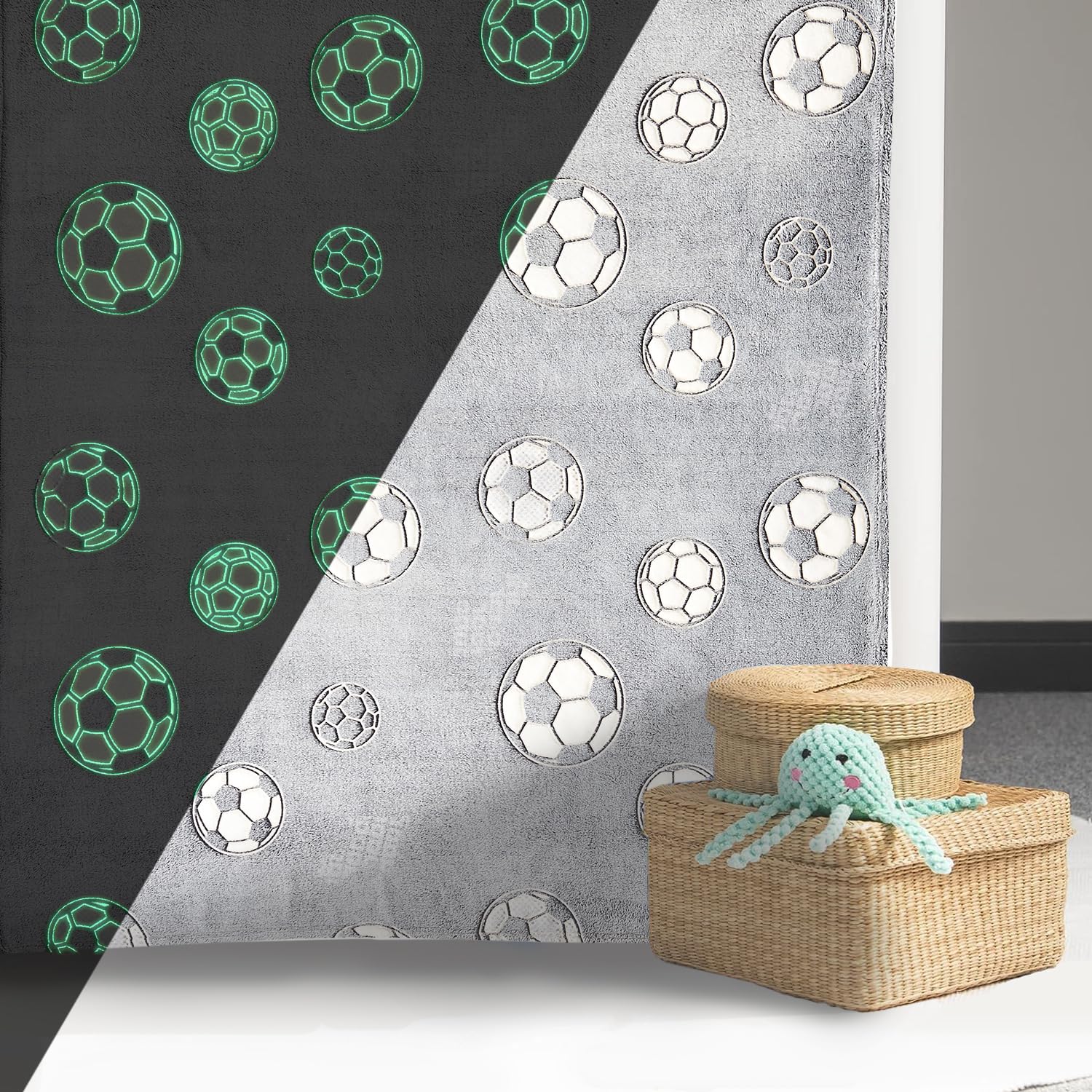 Wajade Soccer Gifts Toys for Boys Girls - Glow in The Dark Soccer Blanket Birthday Christmas Decor for Kids Age 3 4 5 6 7 8 9 10 11 12 Years Old Teens Child Toddler Throw Light Grey 60"x80" - Image 8