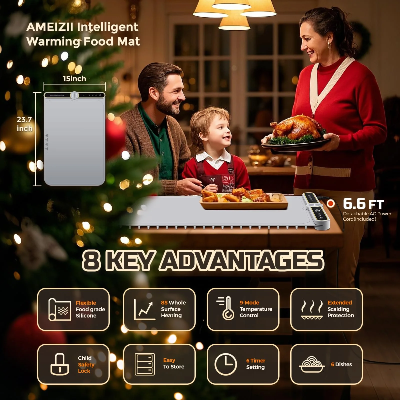 Warming Mat for Food, 24"x15" Food Warmer with 9-Temperature Adjustable, 1-6H Timer Electric Warming Tray Heat 6 Dishes, Child Lock, 8s Fast Heating, Foldable Food-Grade Silicone - Image 6