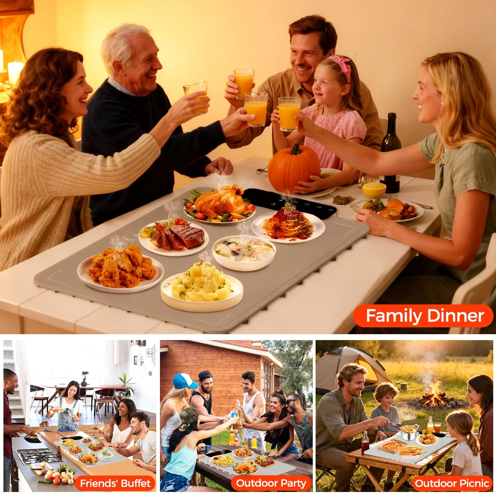 Warming Mat for Food | Dishwasher Friendly,Full-Surface Food Warmer with 6-Mode Adjustable and Timer,Roll-Up & Portable Silicone Food Heating Pad with Child Lock,Electric Warming Tray for Buffet Party - Image 3