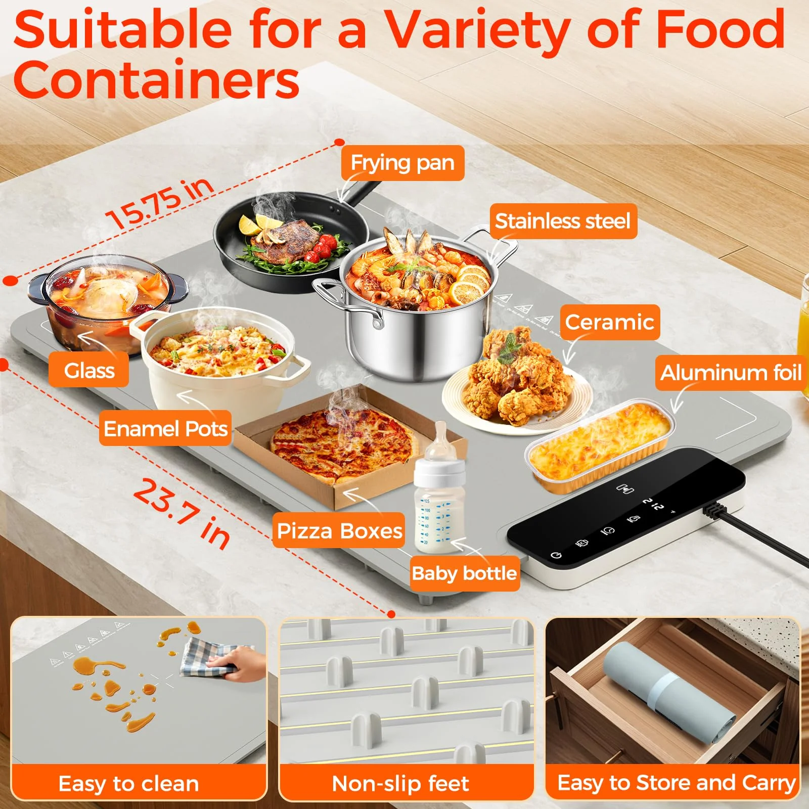 Warming Mat for Food | Dishwasher Friendly,Full-Surface Food Warmer with 6-Mode Adjustable and Timer,Roll-Up & Portable Silicone Food Heating Pad with Child Lock,Electric Warming Tray for Buffet Party - Image 5