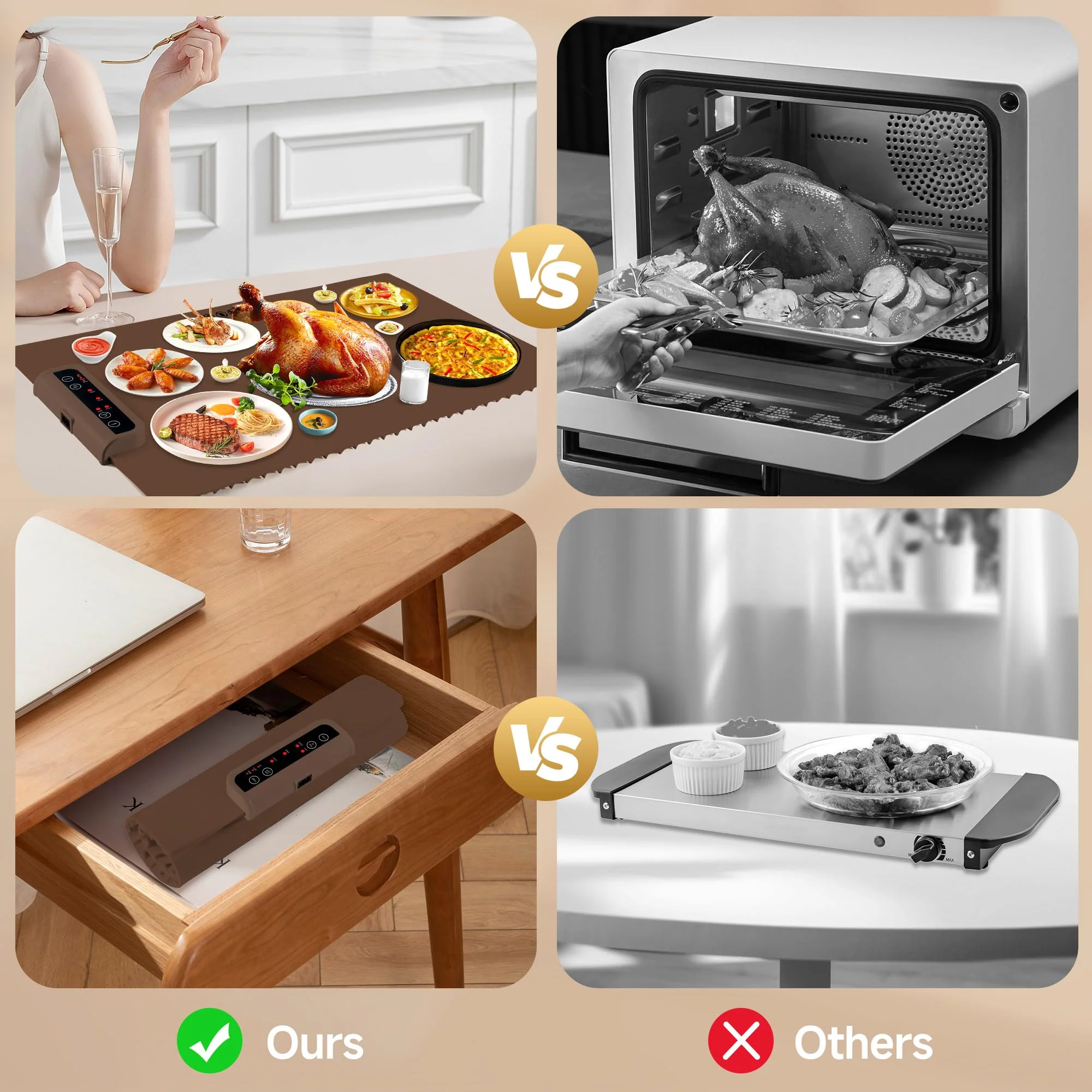 Warming Mat for Food-Electric Warming Tray with Time Moders Locking Function Adjustable Temperature Control Foldable Silicone Heating Tray for Parties, Restaurants, Buffet Brown - Image 3