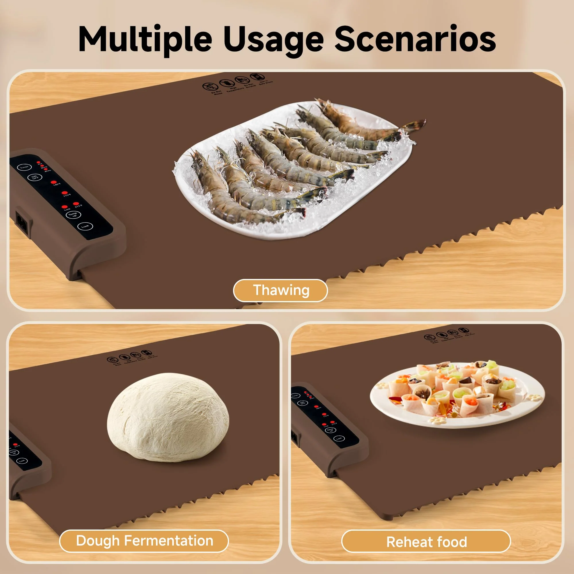 Warming Mat for Food-Electric Warming Tray with Time Moders Locking Function Adjustable Temperature Control Foldable Silicone Heating Tray for Parties, Restaurants, Buffet Brown - Image 5