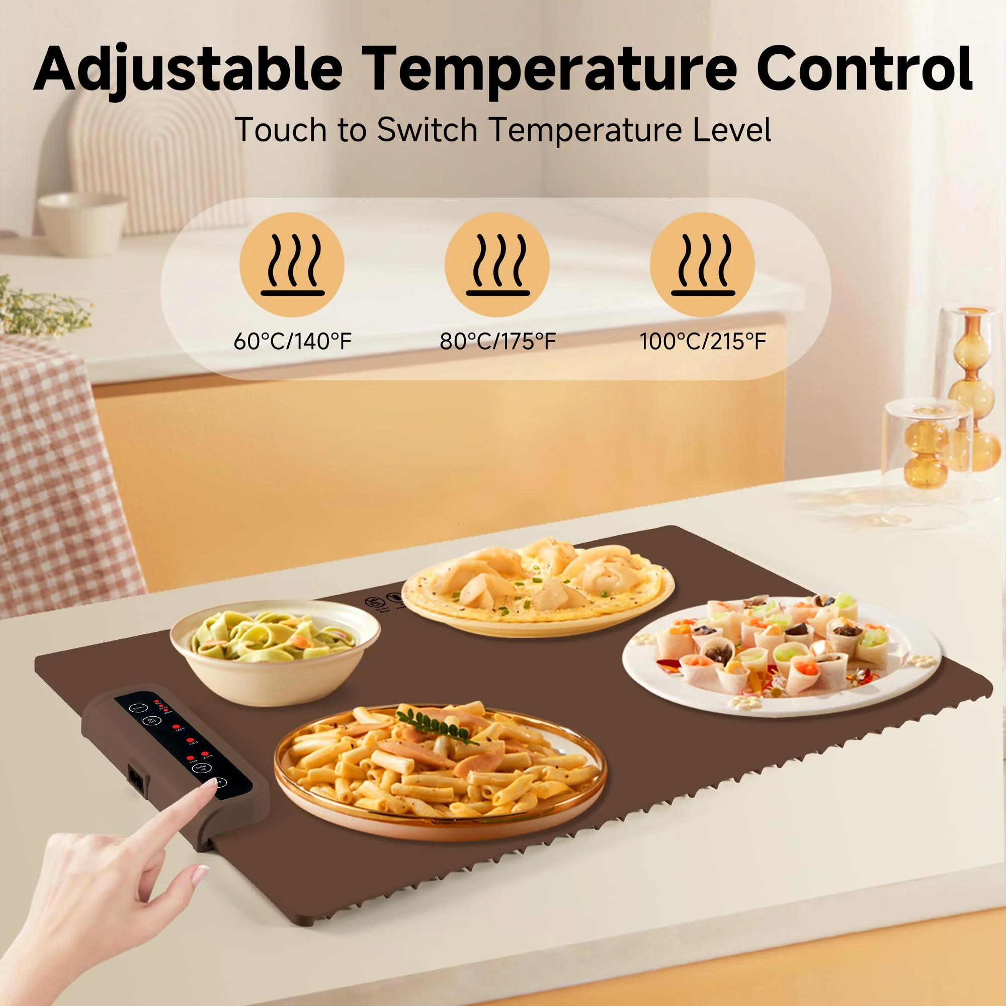 Warming Mat for Food-Electric Warming Tray with Time Moders Locking Function Adjustable Temperature Control Foldable Silicone Heating Tray for Parties, Restaurants, Buffet Brown - Image 7