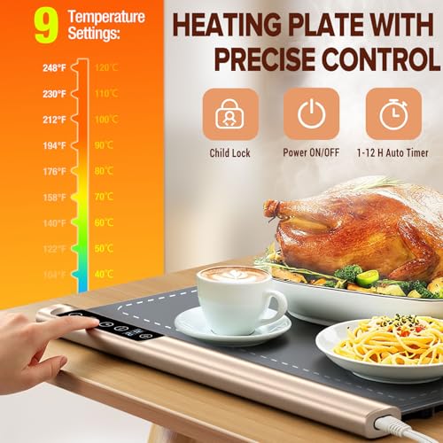 Warming Mat for Food Extra Large 36"x16", 500W Food Warming Mats for Countertop, Food Warmer Trays Chafing Dishes for Buffets Party, 9-Level Temp 12H Timer, Child Lock, Gatherings Portable - Image 7