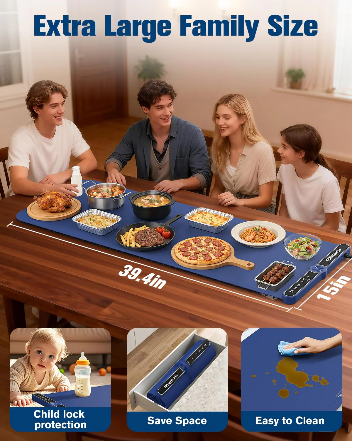 Warming Mat for Food Extra Large 39.4”X15”, 8S Rapid Heating Electric Warming Tray with 9 Temp Setting and 6H Timer, Food Warming Pad, Portable Food Warmers for Parties Buffet, Blue - Image 6
