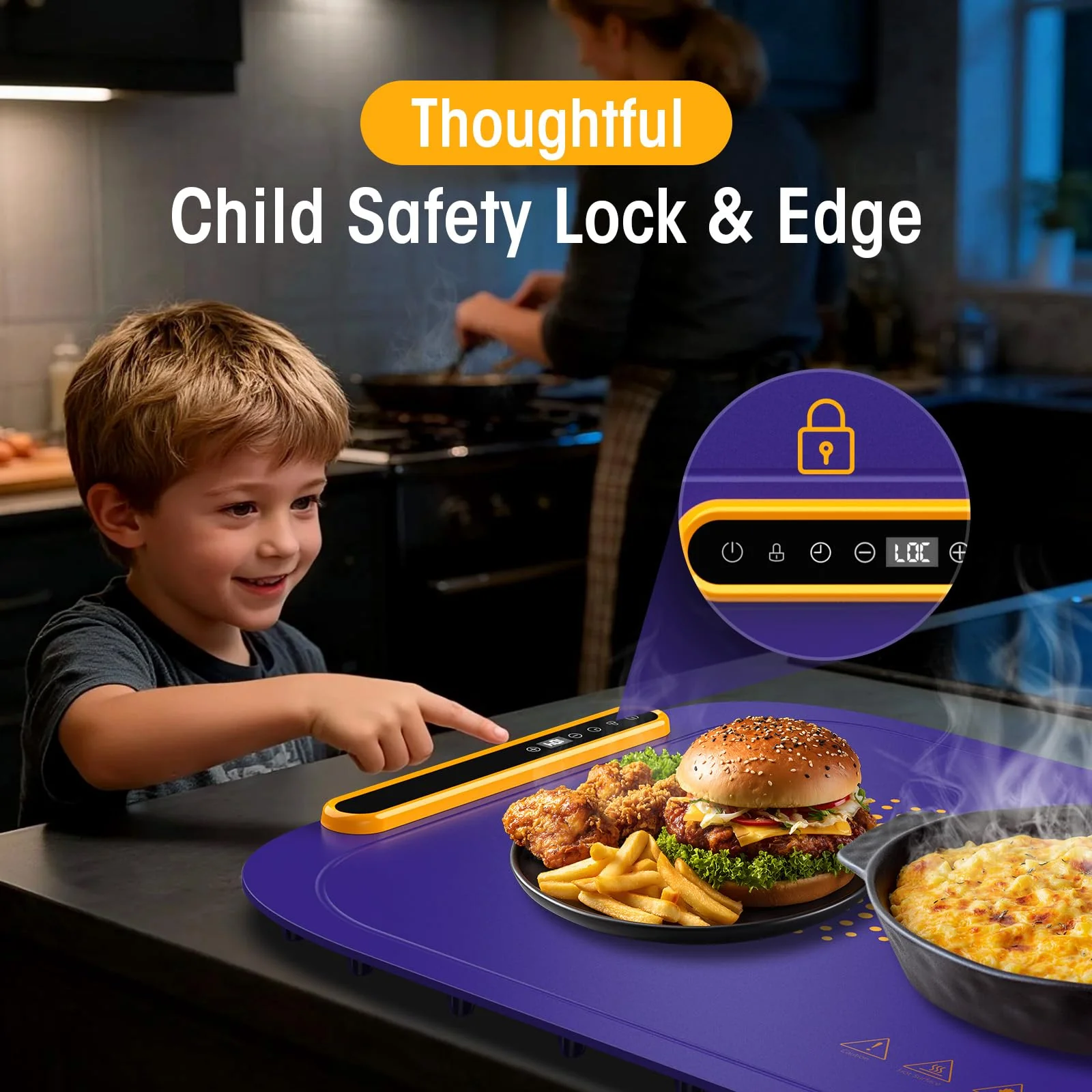 Warming Mat for Food, Extra Large, Food Warming Mat for Countertop, Food Warmer Mat with AI 7 Temperature Settings, Child Lock, Raised Feet Protects Table, Fast 8s Heating,Parties,Buffets,Daily Use - Image 3