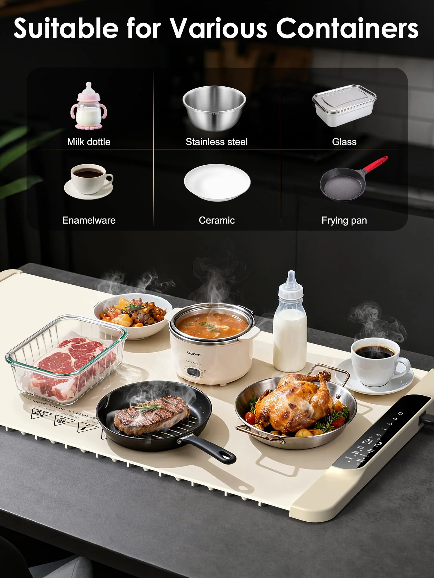 Warming Mat for Food,Food Warming Mat,Electric Warming Tray with 10 Temp-Settings,10H Timer,Portable Food Warmer for Parties,Buffets,Family Gatherings,Holiday,Child Lock (Beige, 26 * 15 Inch) - Image 3