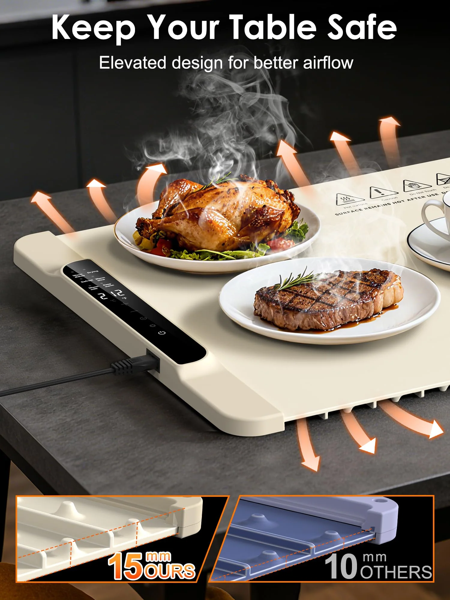 Warming Mat for Food,Food Warming Mat,Electric Warming Tray with 10 Temp-Settings,10H Timer,Portable Food Warmer for Parties,Buffets,Family Gatherings,Holiday,Child Lock (Beige, 26 * 15 Inch) - Image 5