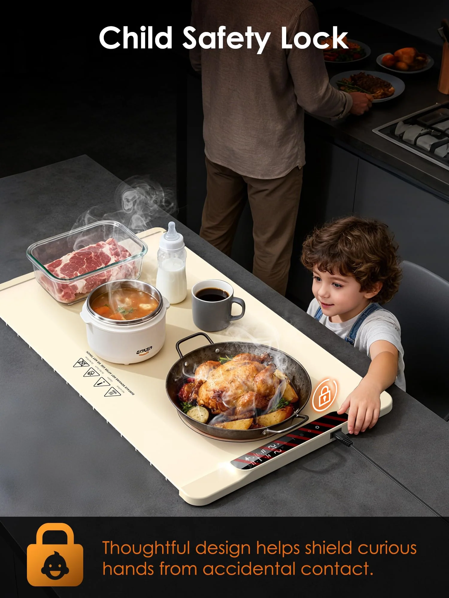 Warming Mat for Food,Food Warming Mat,Electric Warming Tray with 10 Temp-Settings,10H Timer,Portable Food Warmer for Parties,Buffets,Family Gatherings,Holiday,Child Lock (Beige, 26 * 15 Inch) - Image 6