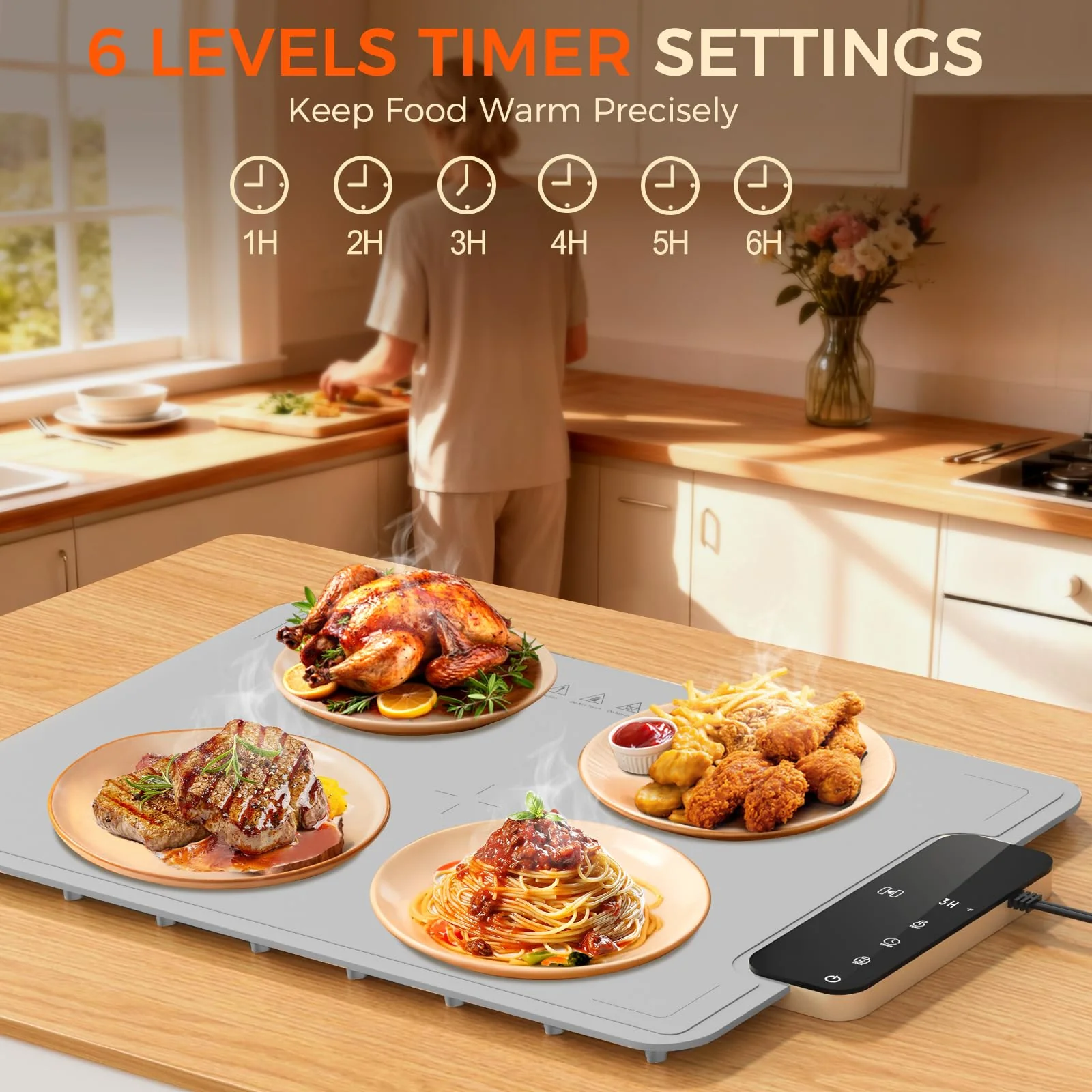 Warming Mat for Food -IPX9 Waterproof Electric Food Warming Tray for Buffet(24"x16"), Portable Countertop Food Warmers for Parties, Dishasher-Friendly, 6-Level Temp 6-Hour Timer, Gray - Image 6