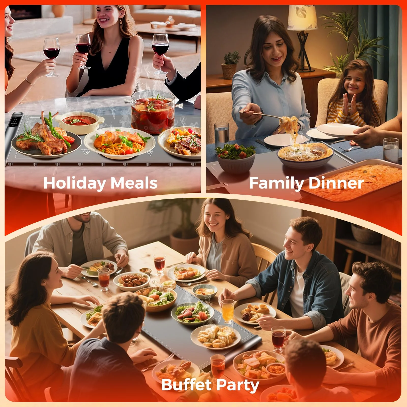 Warming Mat for Food | Max Temp 248℉,Fast Full-Surface Food Warmer with 8-Level Adjustable and Timer,Roll-Up & Portable Silicone Food Heating Pad with Child Lock,Electric Warming Tray for Buffet Party - Image 4