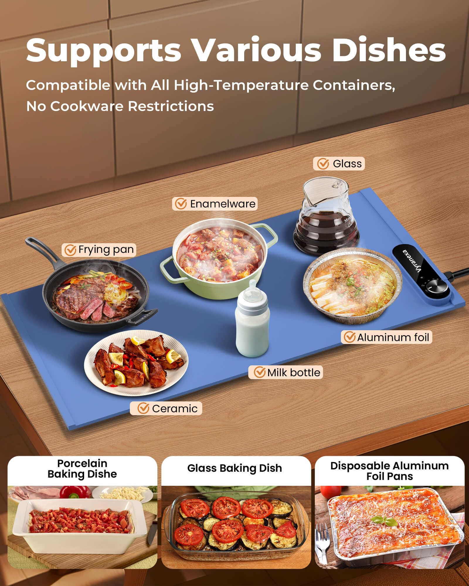Warming Mat for Food - Space-Saving, Fits Two Baking Dishes, 7 Temp Settings, 4h Auto Shut-Off, Durable Silicone Surface, Easy to Clean, Perfect for Parties and Everyday Use (Blue, Medium) - Image 5
