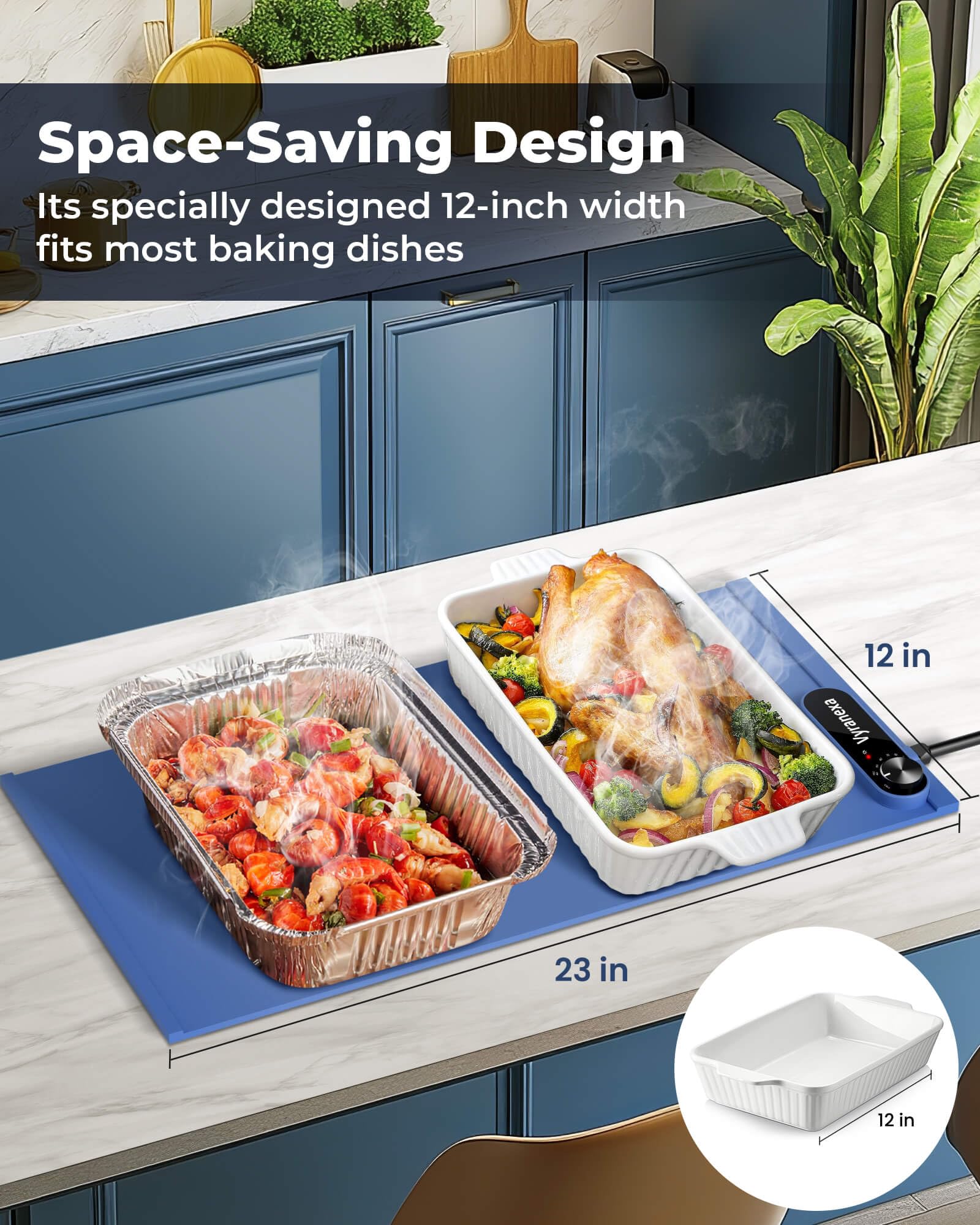Warming Mat for Food - Space-Saving, Fits Two Baking Dishes, 7 Temp Settings, 4h Auto Shut-Off, Durable Silicone Surface, Easy to Clean, Perfect for Parties and Everyday Use (Blue, Medium) - Image 6