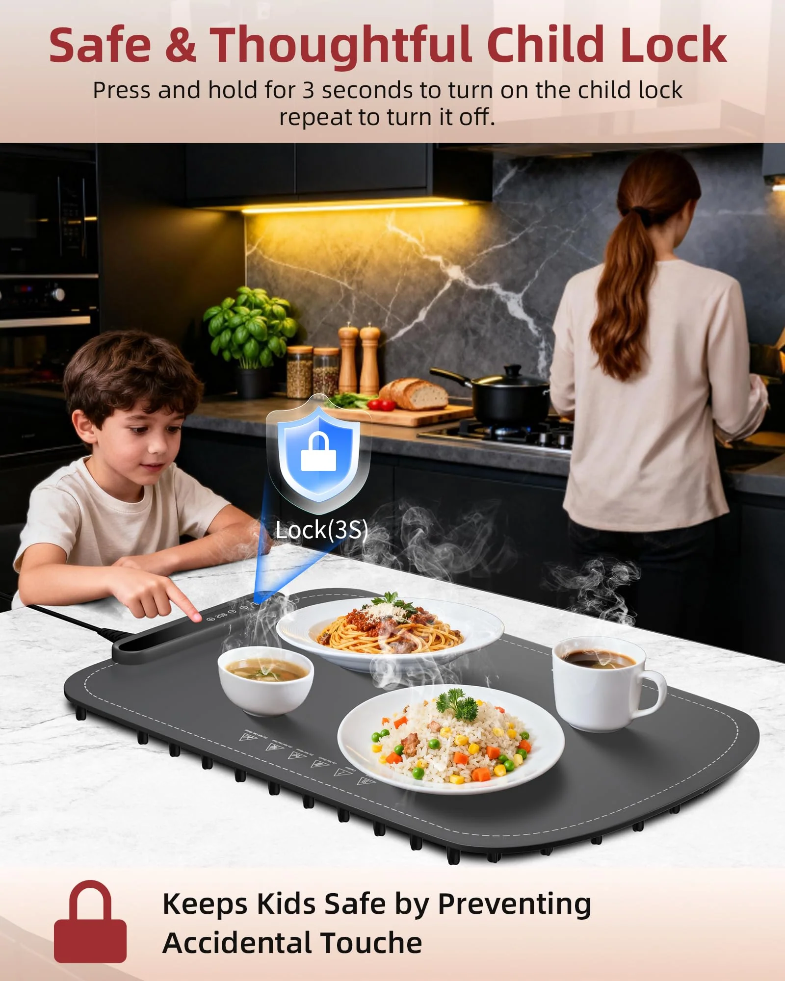 Warming Mat for Food, Upgraded Fast-Heating Electric Warming Tray with 7 Temp Levels & 8 Timers, Buffet Raised Feet & Rollable Silicone Heat Pad, Portable Food Warmer for Home, Party & Travel - Image 5