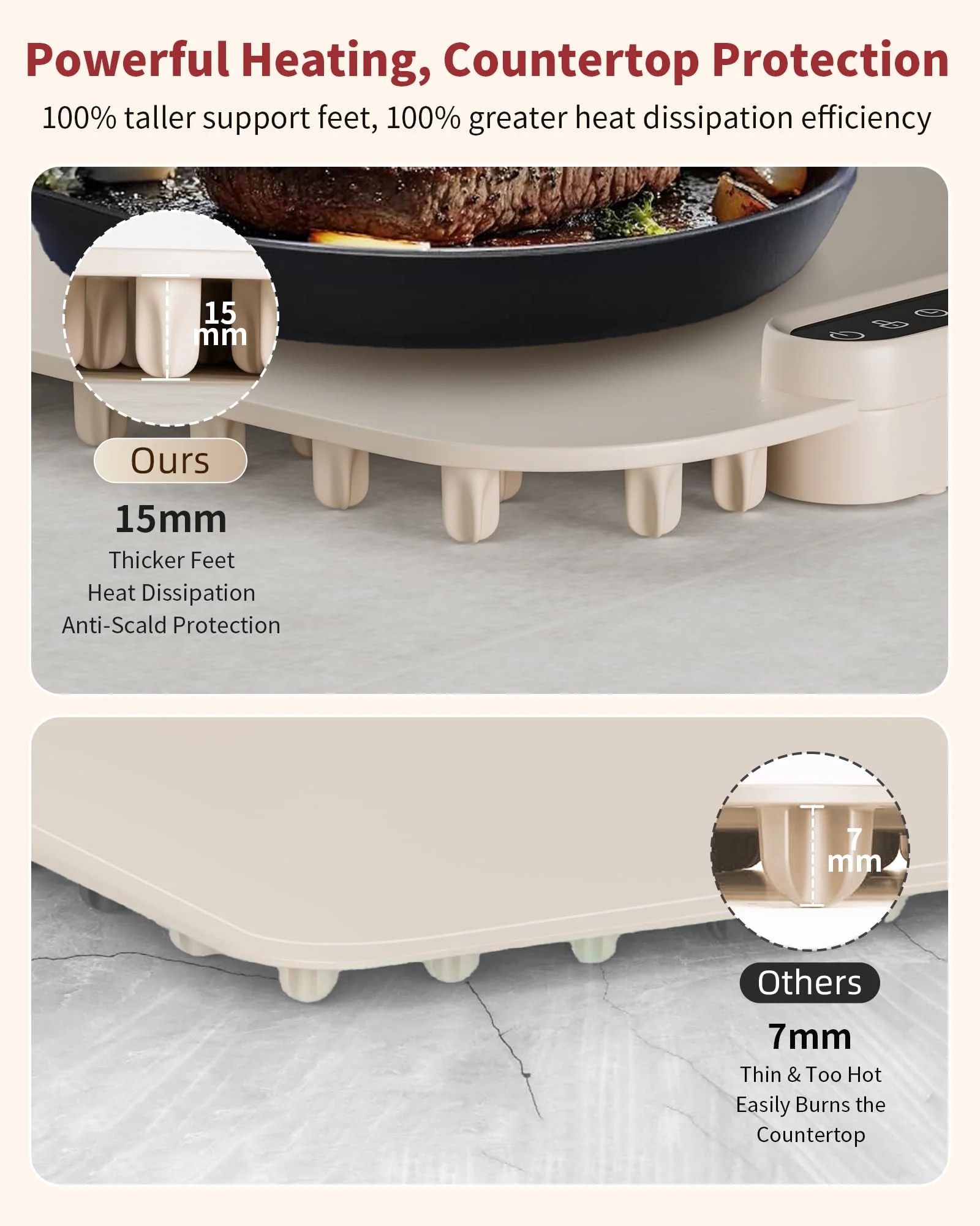 Warming Mat for Food, Upgraded Fast-Heating Electric Warming Tray with 7 Temp Levels & 8 Timers, Buffet Raised Feet & Rollable Silicone Heat Pad, Portable Food Warmer for Home, Party & Travel (Beige) - Image 7