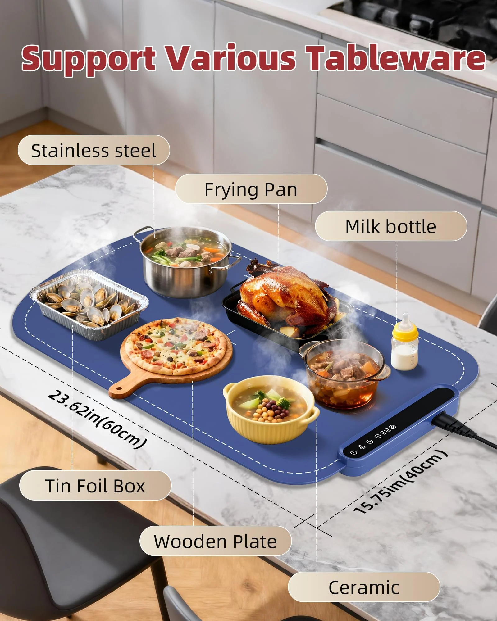 Warming Mat for Food, Upgraded Fast-Heating Electric Warming Tray with 7 Temp Levels & 8 Timers, Buffet Raised Feet & Rollable Silicone Heat Pad, Portable Food Warmer for Home, Party & Travel (Blue) - Image 4