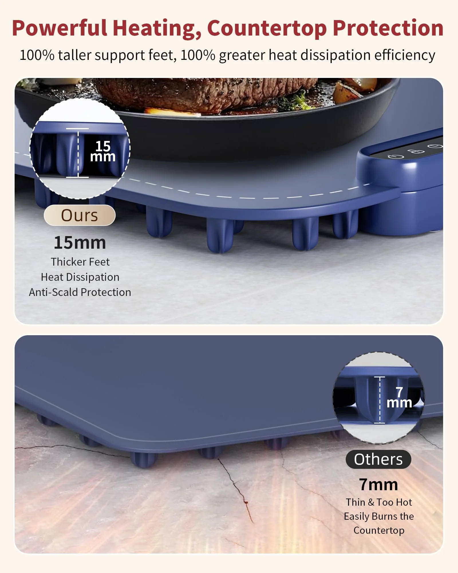 Warming Mat for Food, Upgraded Fast-Heating Electric Warming Tray with 7 Temp Levels & 8 Timers, Buffet Raised Feet & Rollable Silicone Heat Pad, Portable Food Warmer for Home, Party & Travel (Blue) - Image 7