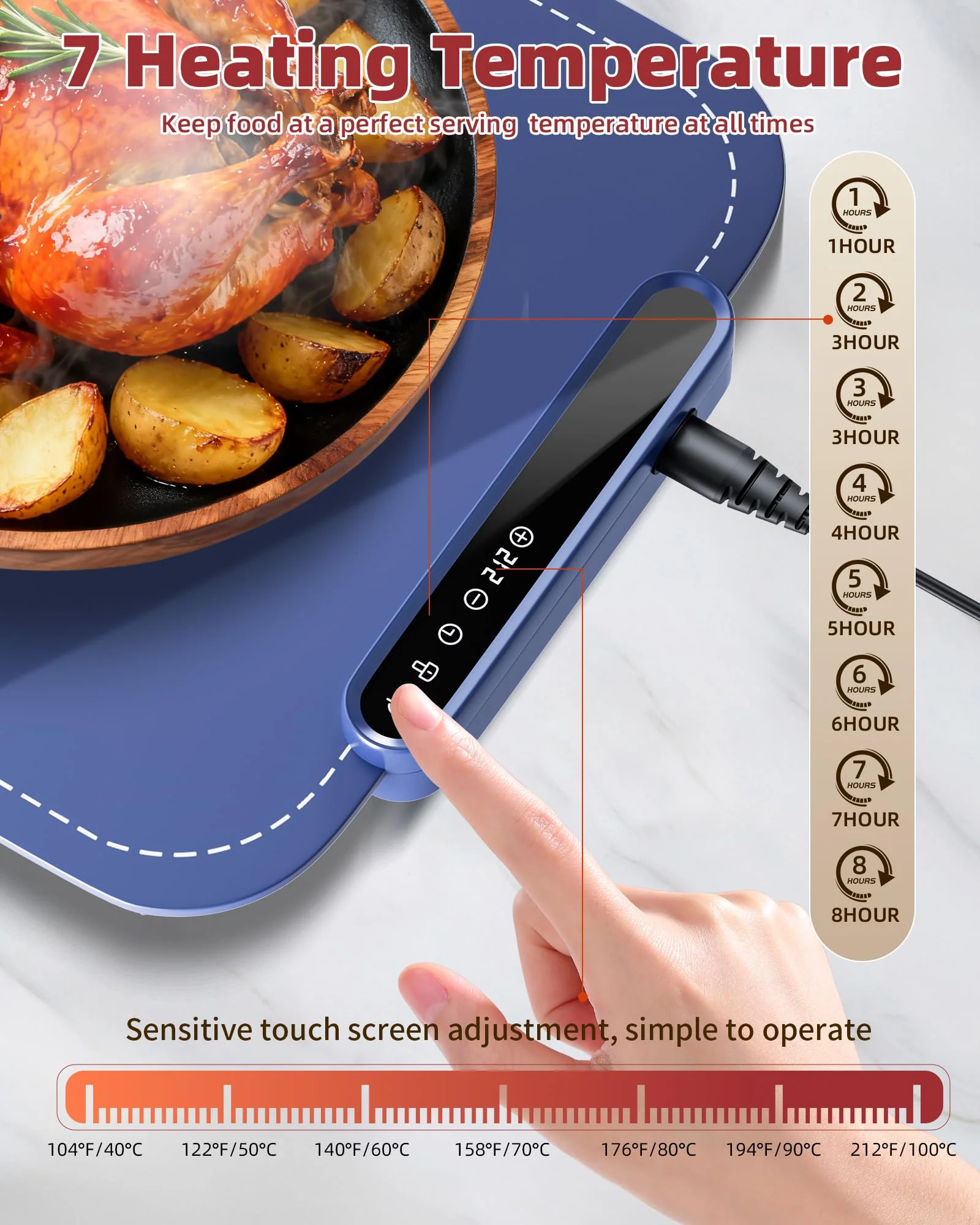 Warming Mat for Food, Upgraded Fast-Heating Electric Warming Tray with 7 Temp Levels & 8 Timers, Buffet Raised Feet & Rollable Silicone Heat Pad, Portable Food Warmer for Home, Party & Travel (Blue) - Image 9