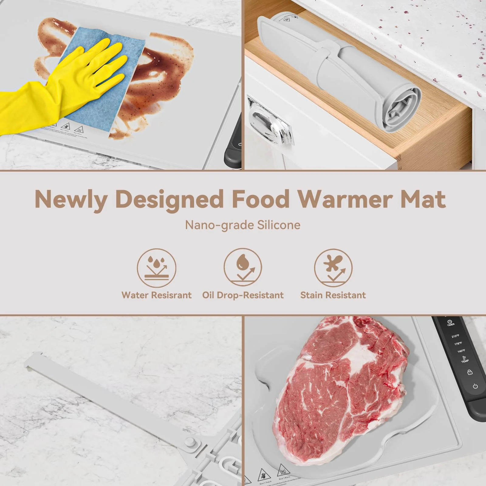 Warming Mat for Food Warmer Pad: 24"X16" Adjustable Foldable Silicone Electric Warming Tray for Buffets Party - Fast Heating Portable Hot Plates for Countertop Kitchen Travel Home Gifts Silver Gray - Image 4