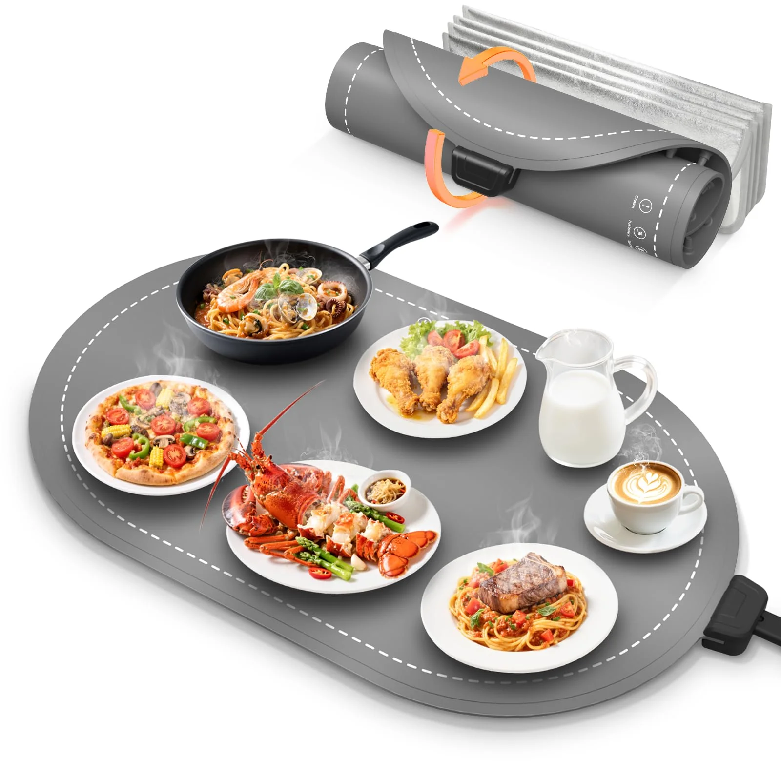 Warming Mat for Food with Heat-Resistant Pad(24"x15"),Electric Heating Pad for Food,Roll Up Silicone Warmer Mat for Party Buffet,Christmas House Warming Gift for Home Hosting Daily Use(Gray)