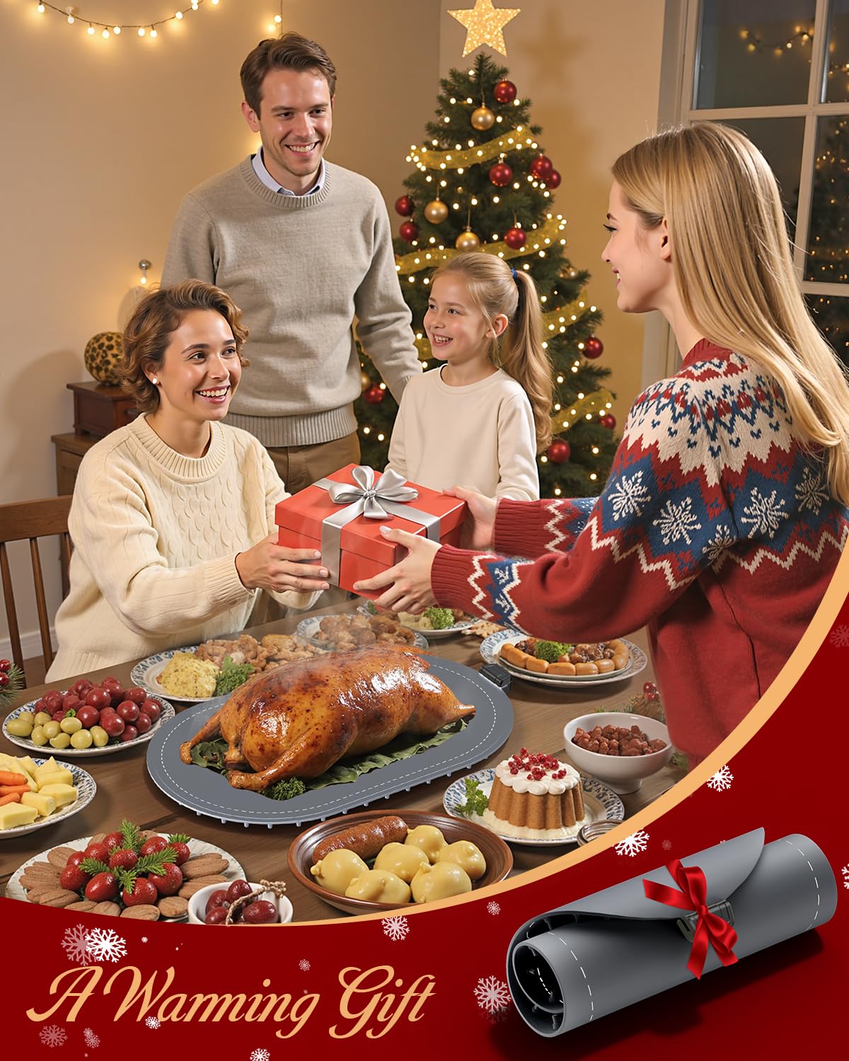 Warming Mat for Food with Heat-Resistant Pad(24"x15"),Electric Heating Pad for Food,Roll Up Silicone Warmer Mat for Party Buffet,Christmas House Warming Gift for Home Hosting Daily Use(Gray) - Image 2