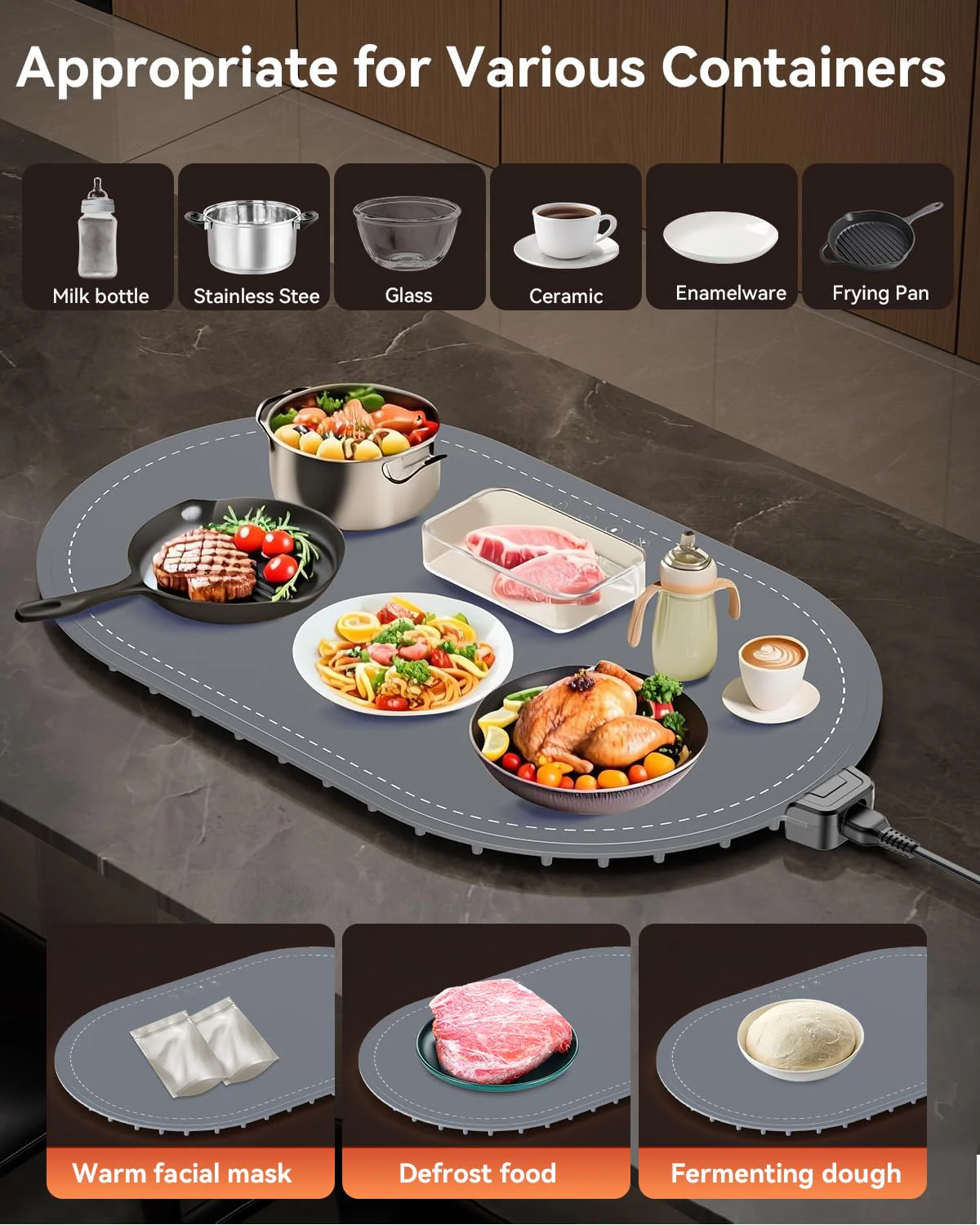 Warming Mat for Food with Heat-Resistant Pad(24"x15"),Electric Heating Pad for Food,Roll Up Silicone Warmer Mat for Party Buffet,Christmas House Warming Gift for Home Hosting Daily Use(Gray) - Image 4