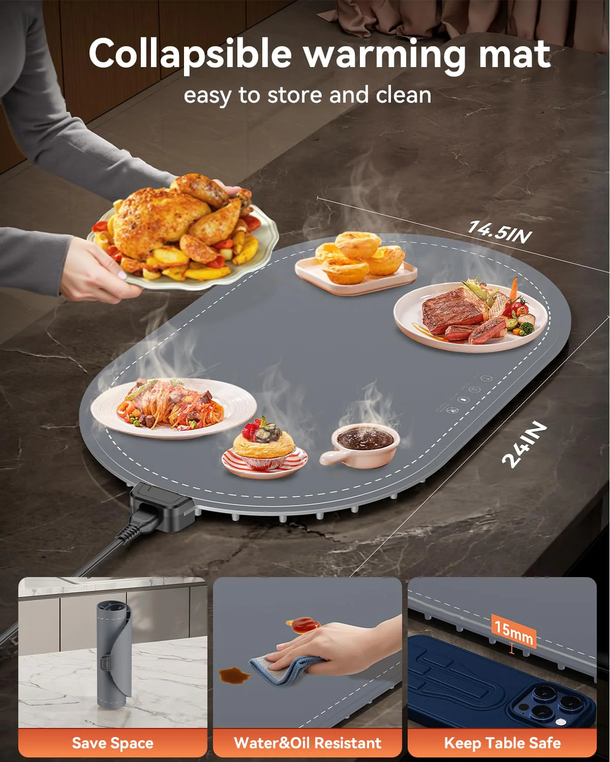 Warming Mat for Food with Heat-Resistant Pad(24"x15"),Electric Heating Pad for Food,Roll Up Silicone Warmer Mat for Party Buffet,Christmas House Warming Gift for Home Hosting Daily Use(Gray) - Image 6