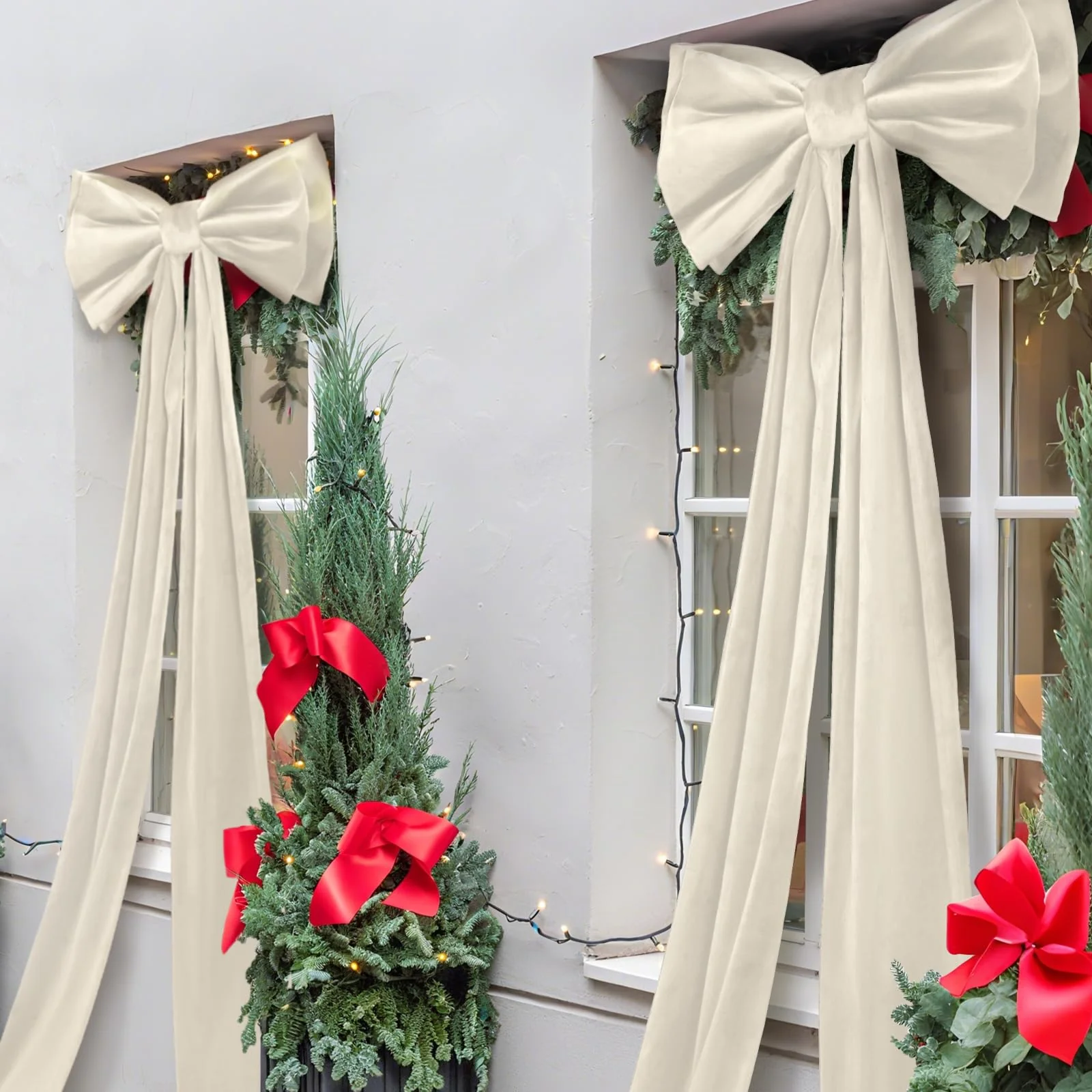 Wavwavw Giant Bow Decor Christmas Tree Topper Decoration Big Bows for Room Wall Backdrop 75x18 Inch Ribbon Tie for Wedding Christmas Fall Birthday Party Baby Shower Supplies(Ivory,Velvet) - Image 2