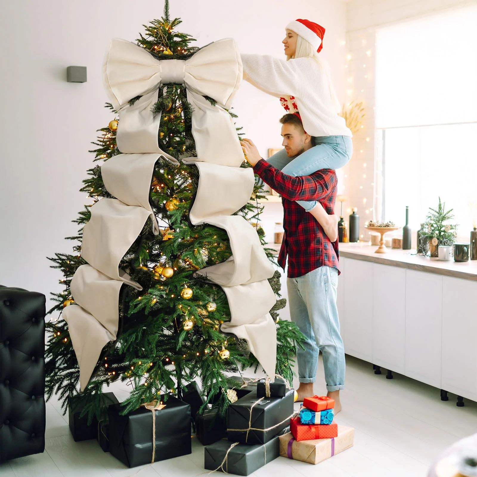 Wavwavw Giant Bow Decor Christmas Tree Topper Decoration Big Bows for Room Wall Backdrop 75x18 Inch Ribbon Tie for Wedding Christmas Fall Birthday Party Baby Shower Supplies(Ivory,Velvet) - Image 3