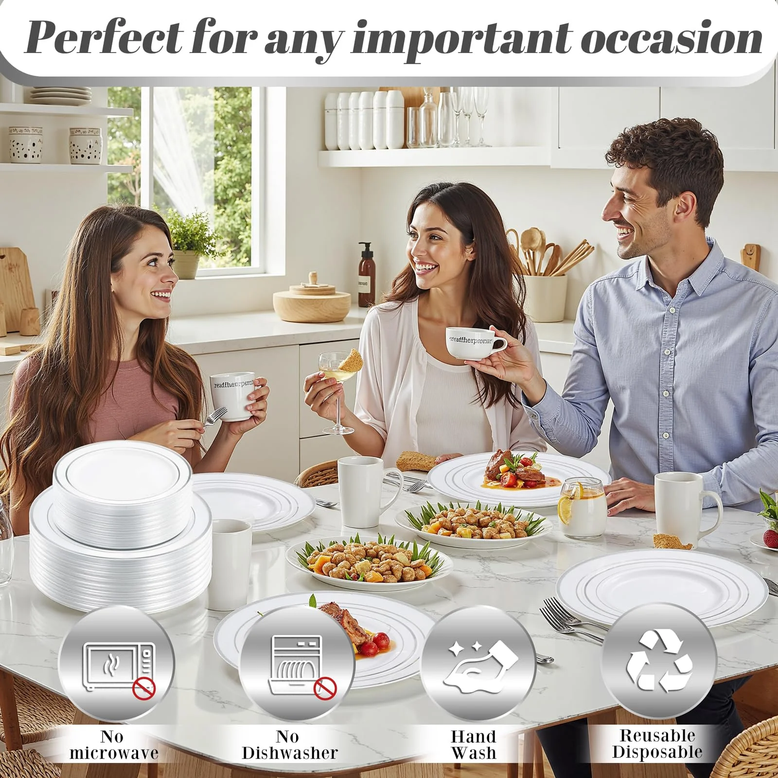 WDF 120PCS Plastic Christmas Plates White Silver Rim - Disposable Plates including 60PCS for Dinner 10.25inch, 60 Salad/Dessert Plates 7.5inch Heavy Duty Wedding - Image 7