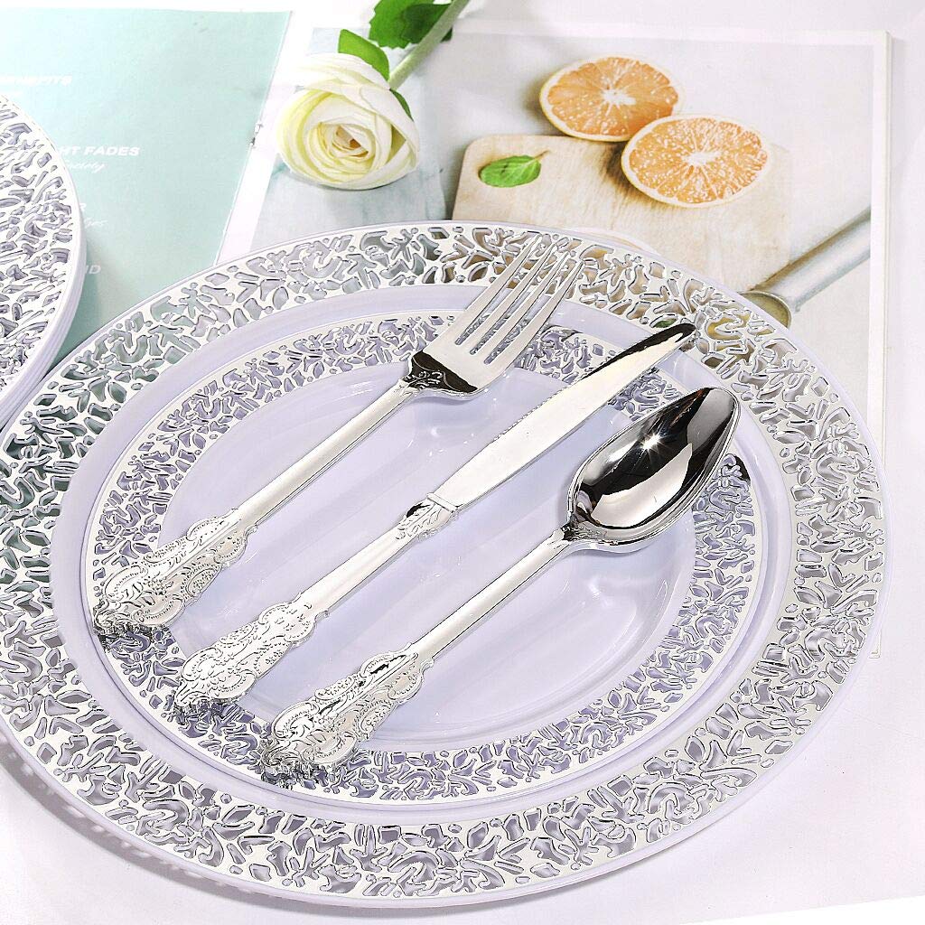 WDF 360 Pieces Silver Plastic Silverware- Disposable Flatware - Heavyweight Plastic Cutlery- Includes 120 Forks, 120 Spoons, 120 Knives for Christmas - Image 4