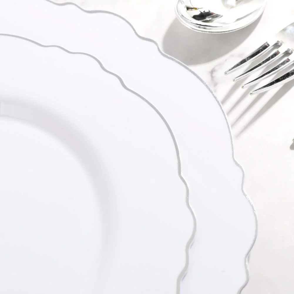 WDF 60pcs Silver Plastic Plates-Baroque White &Silver Plates for Upscale Parties &Wedding-including 30Plastic Dinner Plate 10.25inch, 30 Salad Plate 7.5inch for Christmas - Image 4