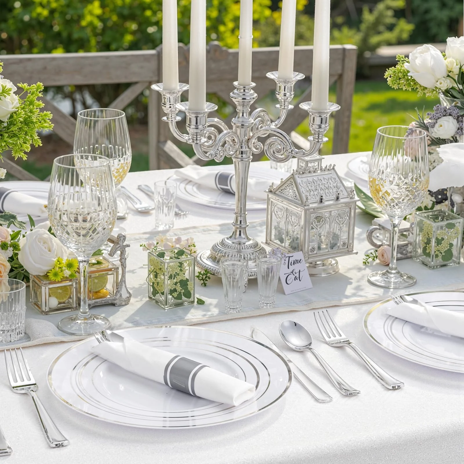 WDF Partyware 350Piece Silver Plastic Dinnerware Set for 50 Guests - Silver Plastic Plates with Cutlery Include:50Dinner Plates-50Dessert Plates-50Pre Rolled Napkins with Silverware for Christmas - Image 2
