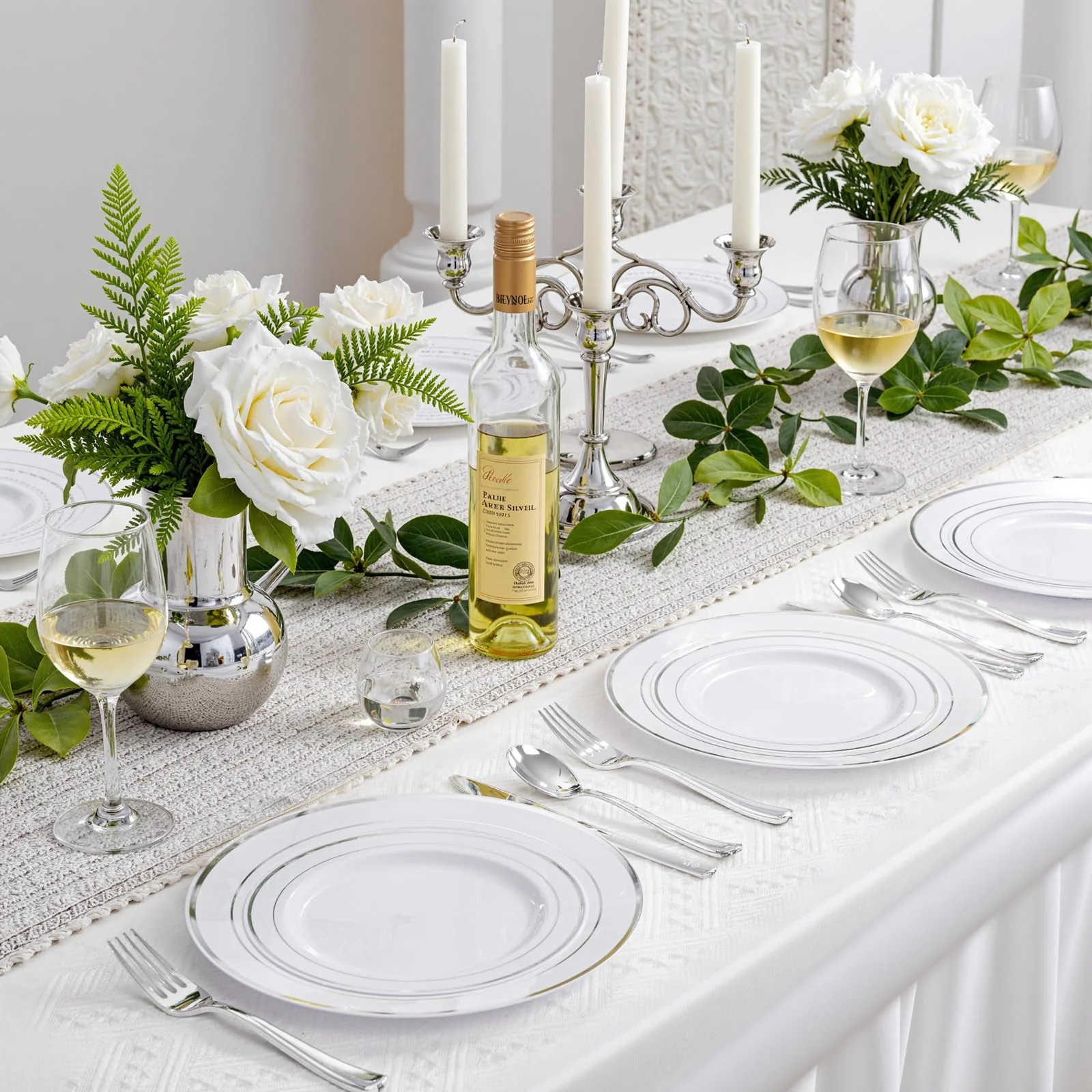 WDF Partyware 350Piece Silver Plastic Dinnerware Set for 50 Guests - Silver Plastic Plates with Cutlery Include:50Dinner Plates-50Dessert Plates-50Pre Rolled Napkins with Silverware for Christmas - Image 3