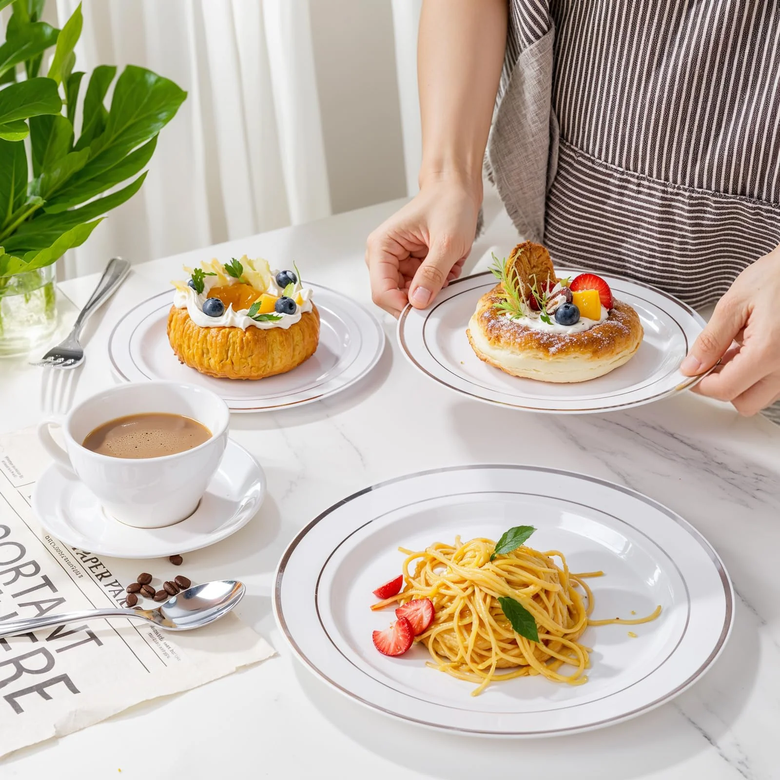 WDF Partyware 350Piece Silver Plastic Dinnerware Set for 50 Guests - Silver Plastic Plates with Cutlery Include:50Dinner Plates-50Dessert Plates-50Pre Rolled Napkins with Silverware for Christmas - Image 5