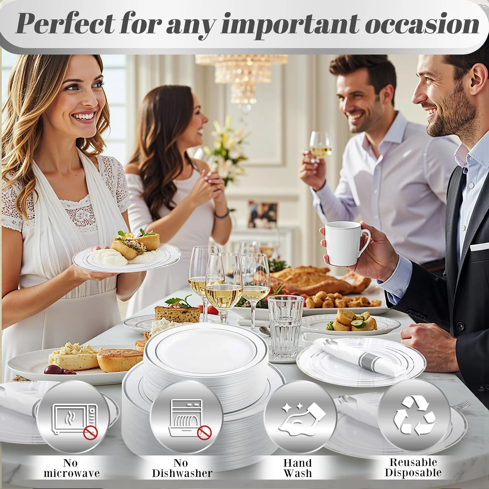 WDF Partyware 350Piece Silver Plastic Dinnerware Set for 50 Guests - Silver Plastic Plates with Cutlery Include:50Dinner Plates-50Dessert Plates-50Pre Rolled Napkins with Silverware for Christmas - Image 6