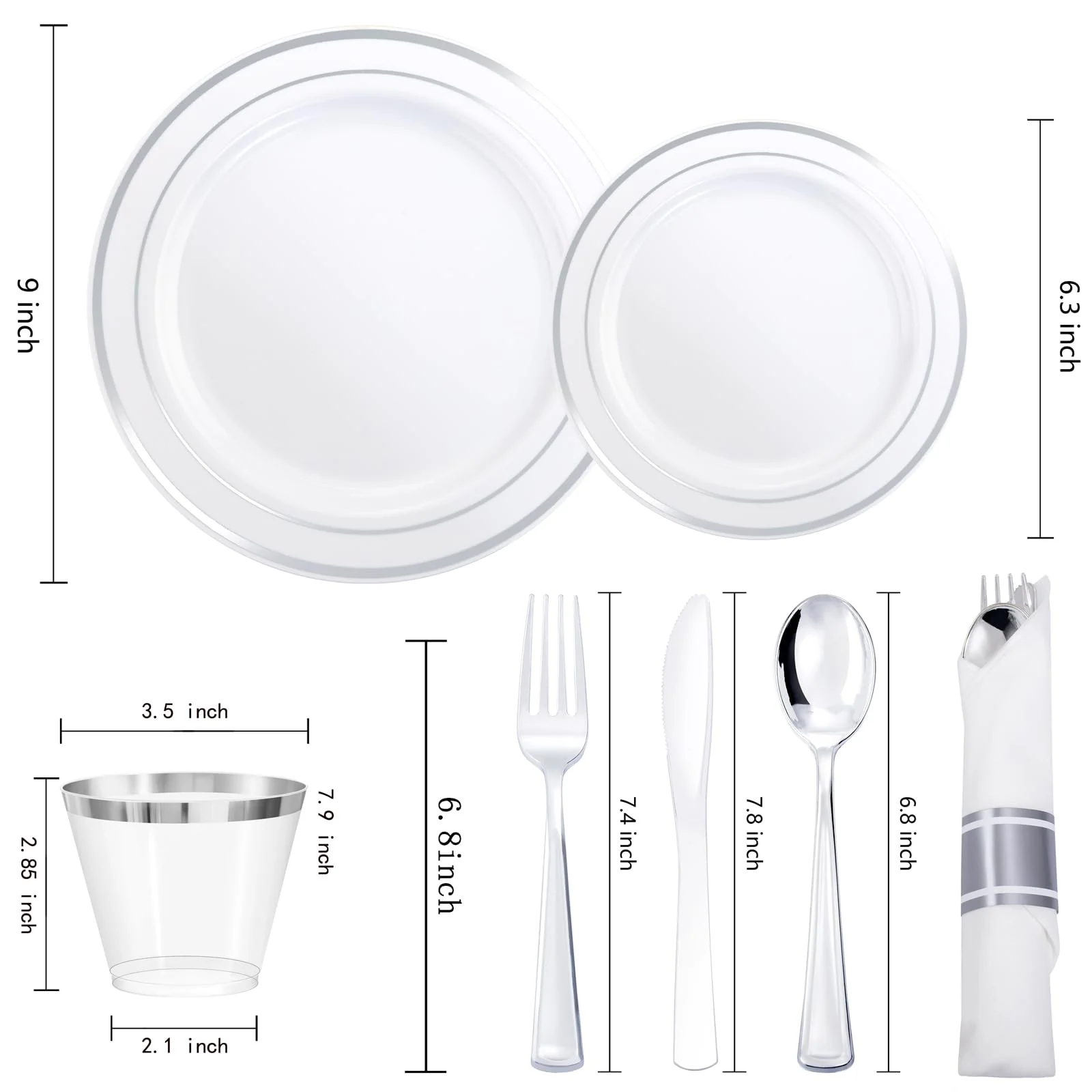 WDF Partyware 350Piece Silver Plastic Dinnerware Set for 50 Guests - Silver Plastic Plates with Cutlery Include:50Dinner Plates-50Dessert Plates-50Pre Rolled Napkins with Silverware for Christmas - Image 8
