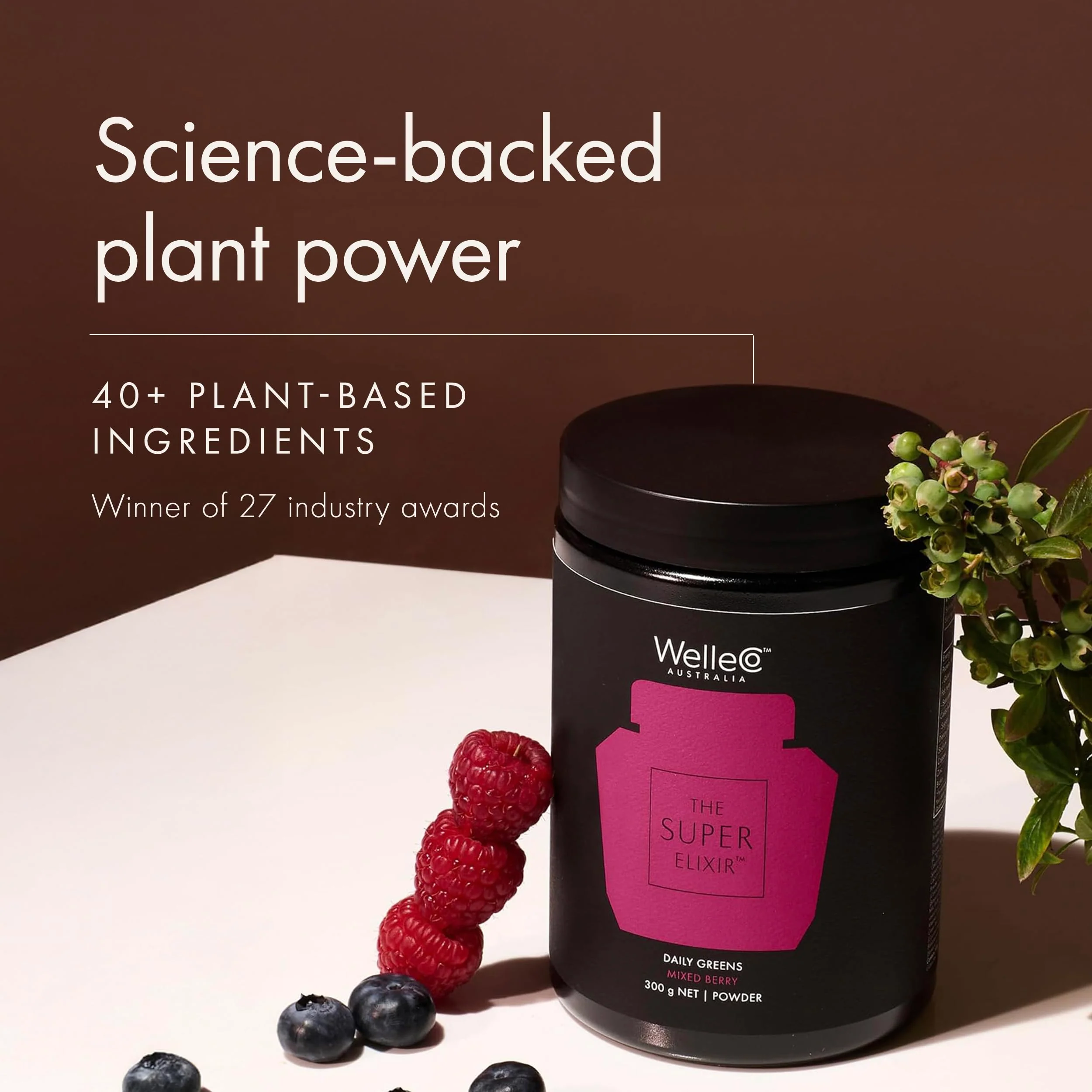 WelleCo The Super Elixir Daily Greens Powder, Probiotic Drink Mix with Whole Foods, Gluten Free, Vegan Gut Health Powder, Energy, Immunity, Healthy Skin, Hair & Nails (300g, Mixed Berry) - Image 4